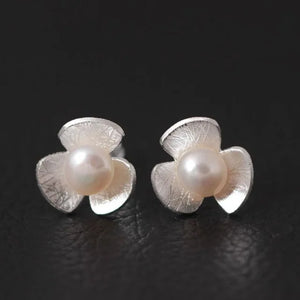 925 Silver Freshwater Pearl Flower Stud Earrings