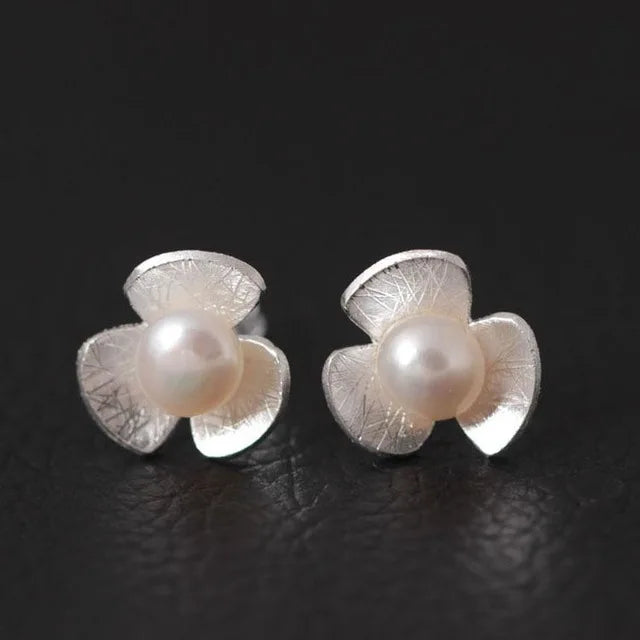 925 Silver Freshwater Pearl Flower Stud Earrings
