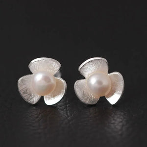 925 Silver Freshwater Pearl Flower Stud Earrings