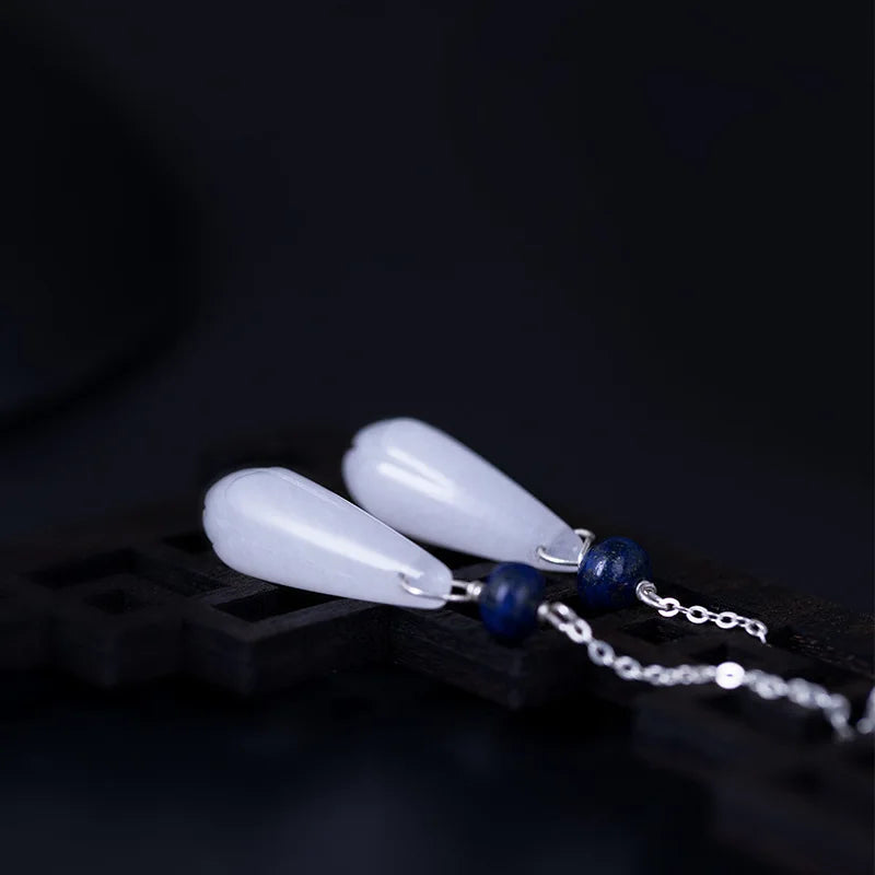 925 Silver Magnolia Flower Jade Drop Earrings Vintage Style Lady Jewelry