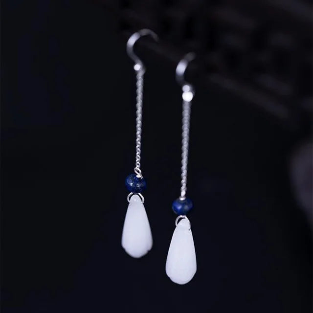925 Silver Magnolia Flower Jade Drop Earrings Vintage Style Lady Jewelry