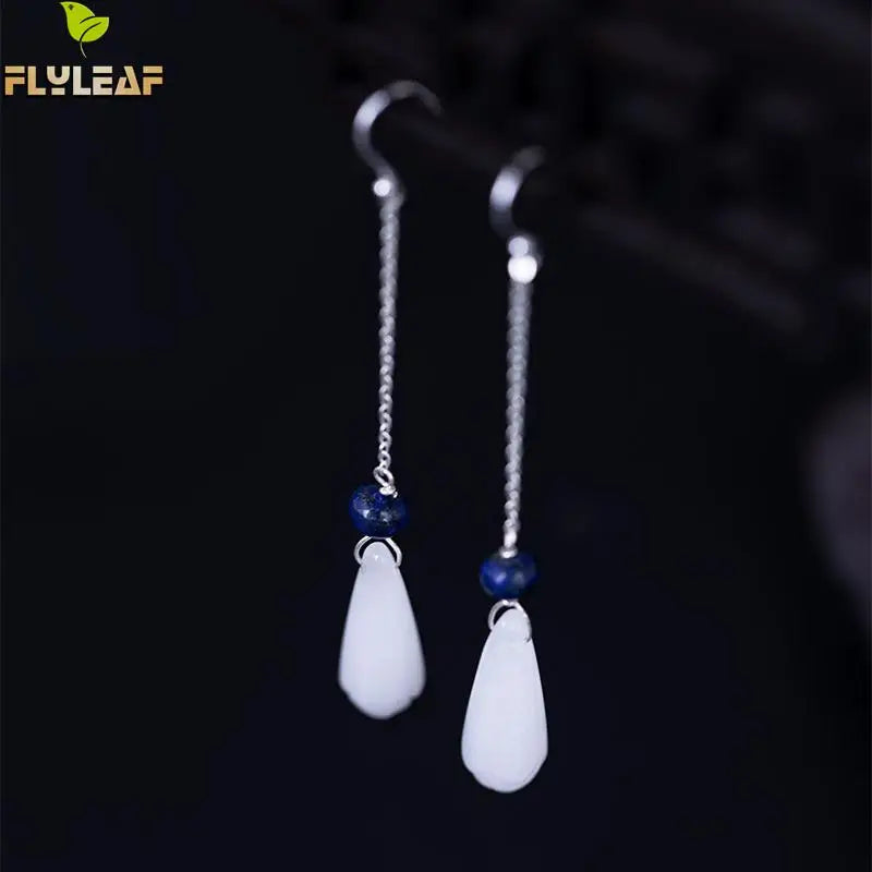 925 Silver Magnolia Flower Jade Drop Earrings Vintage Style Lady Jewelry