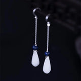 925 Silver Magnolia Flower Jade Drop Earrings Vintage Style Lady Jewelry