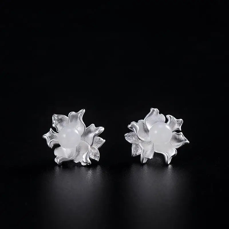 925 Silver Jade Flowers Stud Earrings Chinese Style Jewelry