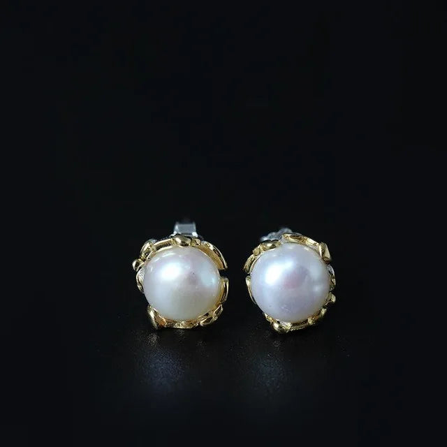 925 Silver Pearl Flowers Stud Earrings Ethnic Lady Jewelry