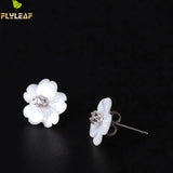 Sterling Silver Shell Carvings Flowers Stud Earrings Cubic Zirconia High Jewelry