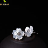 Sterling Silver Shell Carvings Flowers Stud Earrings Cubic Zirconia High Jewelry