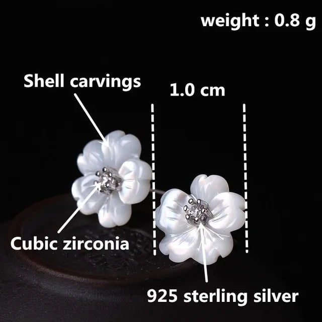 Sterling Silver Shell Carvings Flowers Stud Earrings Cubic Zirconia High Jewelry