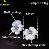 Sterling Silver Shell Carvings Flowers Stud Earrings Cubic Zirconia High Jewelry