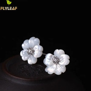 Sterling Silver Shell Carvings Flowers Stud Earrings Cubic Zirconia High Jewelry