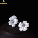 Sterling Silver Shell Carvings Flowers Stud Earrings Cubic Zirconia High Jewelry