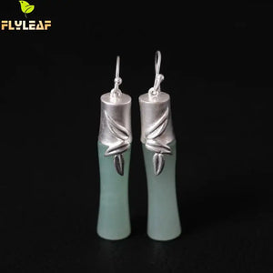 925 Sterling Silver Ethnic Natural jade Bamboo Stud Earrings For Women