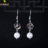 925 Silver Geometric Nature Crystal Pearl Earrings Women Fine Jewelry Vintage