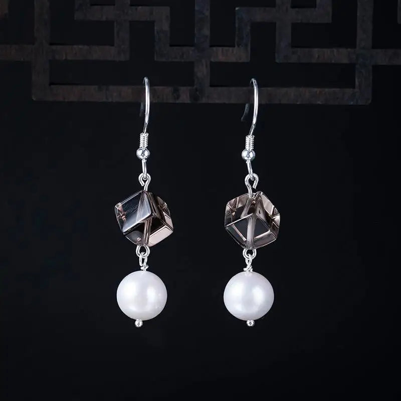 925 Silver Geometric Nature Crystal Pearl Earrings Women Fine Jewelry Vintage