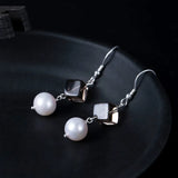 925 Silver Geometric Nature Crystal Pearl Earrings Women Fine Jewelry Vintage