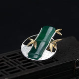 925 Silver Bamboo Leaves Green Jade Brooch Chinese Style Vintage Jewelry