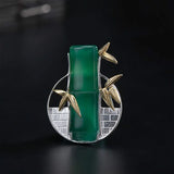 925 Silver Bamboo Leaves Green Jade Brooch Chinese Style Vintage Jewelry