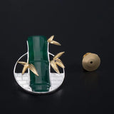925 Silver Bamboo Leaves Green Jade Brooch Chinese Style Vintage Jewelry