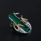 925 Silver Bamboo Leaves Green Jade Brooch Chinese Style Vintage Jewelry
