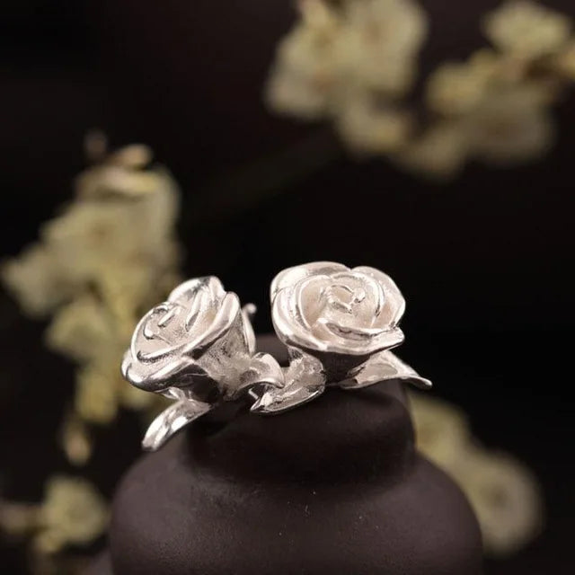 925 Silver Rose Flowers Stud Earrings High Style Lady Gift