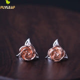925 Silver Rose Flowers Stud Earrings High Style Lady Gift