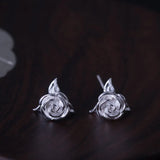 925 Silver Rose Flowers Stud Earrings High Style Lady Gift