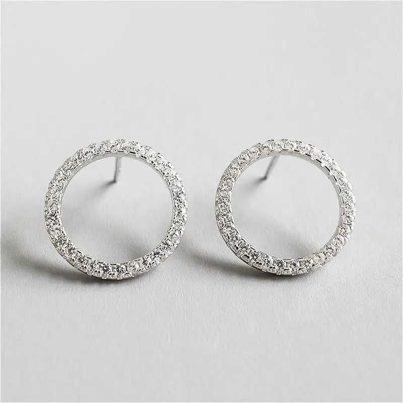 925 Silver CZ Round Circle Stud Earrings Women Party Jewelry