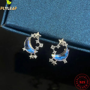 925 Silver Stud Earrings Zircon Star Moon High Girl