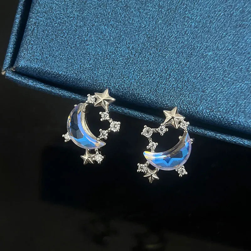 925 Silver Stud Earrings Zircon Star Moon High Girl