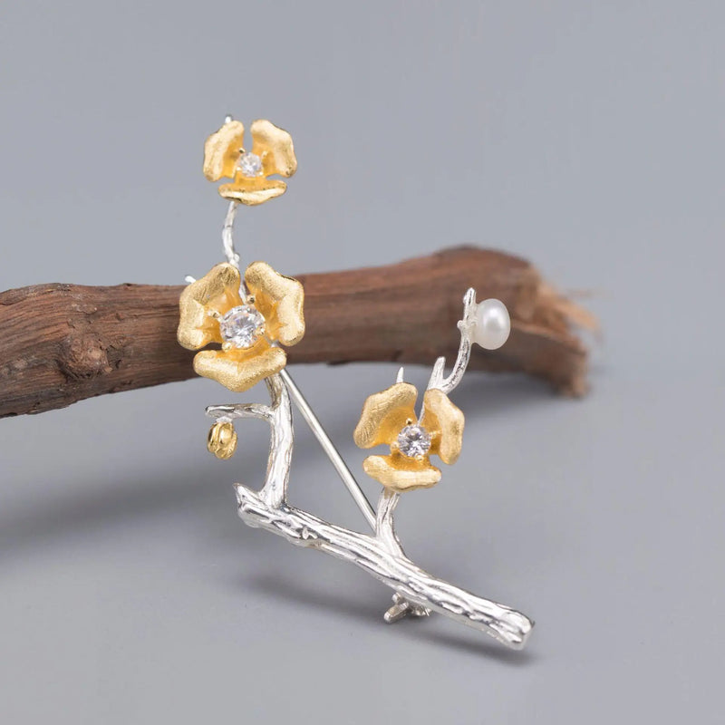 Plum Flower CZ 925 Silver Brooches High Natural Pearl