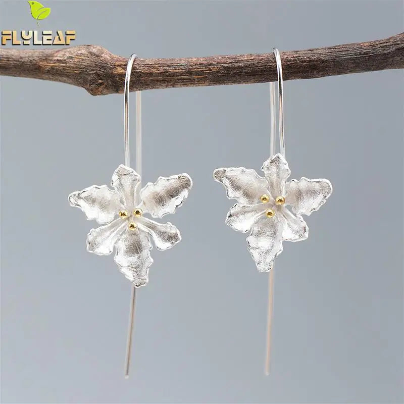 925 Silver Flower Heart Drop Earrings for Women