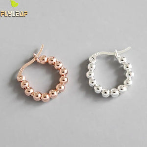 925 Sterling Silver Rose Beads Hoop Earrings Lady Jewelry