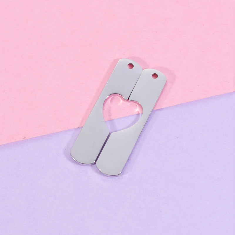10Pairs Split Heart Strip Charms Mirror Polish Stainless Steel Charms
