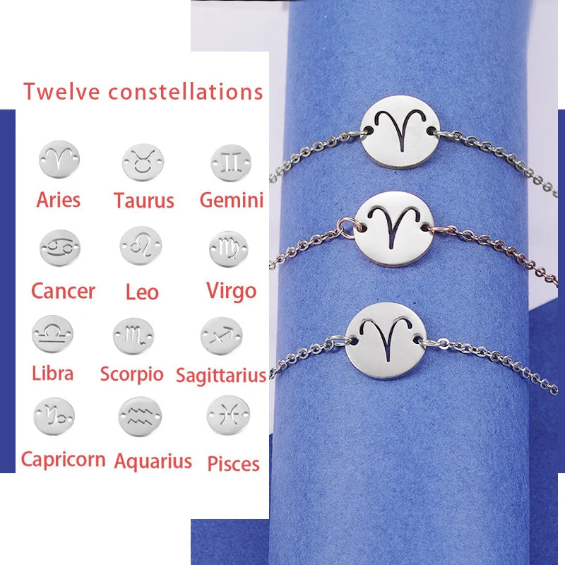 12pcs Zodiac Sign Constellation Bracelet Stainless Steel Chain Women Girls Gift