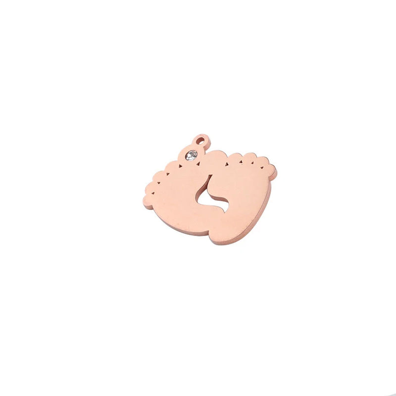 Double Baby Feet Charm With Rhinestone Stainless Steel DIY Jewelry