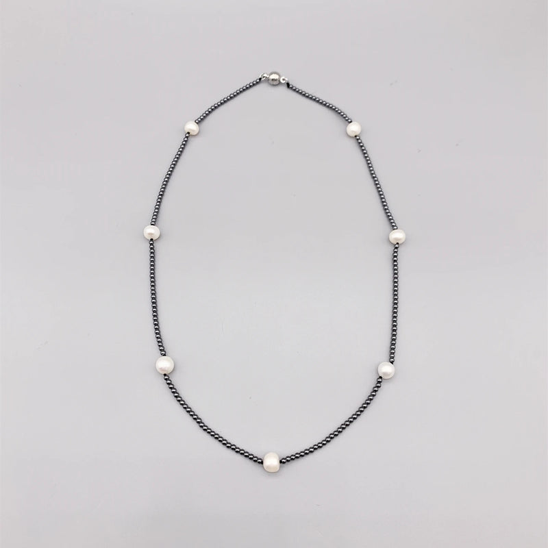 2mm Hematite 7-8mm Freshwater Pearls Necklace For Women