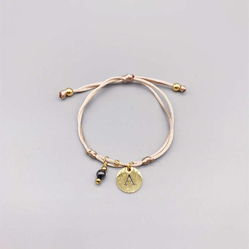 Hematite Initial Name Bracelet for Women Girls Kids Adjustable Cord 18K Charm
