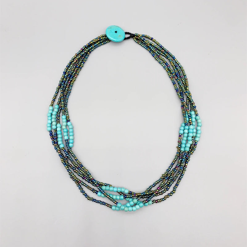 4mm Turquoise Necklace Peacock Glass Beads Stone Button Clasp