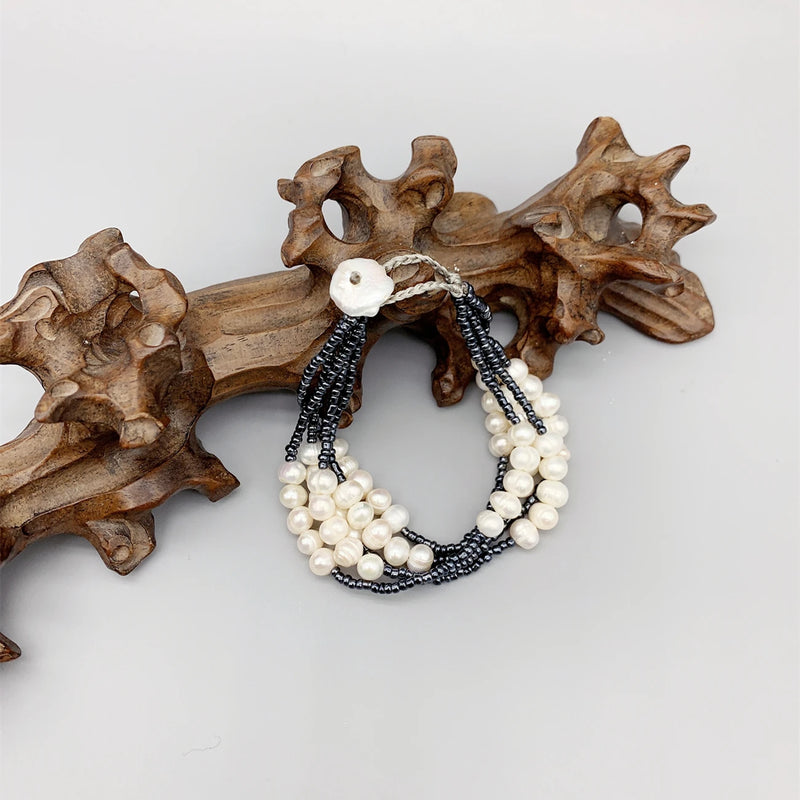 Freshwater Pearl Bracelet Navy Glass Beads Layers Coin Pearl