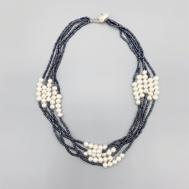 5 Strands Navy Beads 5-6mm Pearls Necklace - Women's Gift - Choker Necklace