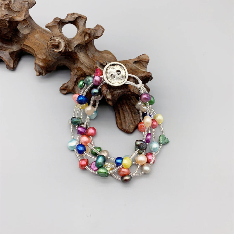 5 Strands Multicolor Potato Pearls Bracelet for Women Girls Glass Beads