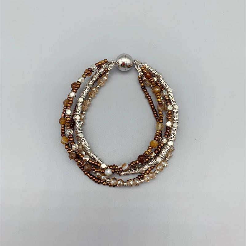 Brown Agate Bracelet With Champagne Crystals Antique Silver Beads