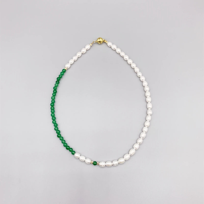 6-7mm Rice Pearls 4mm Green Jade Necklace For Women 14K Filled Beads Choker