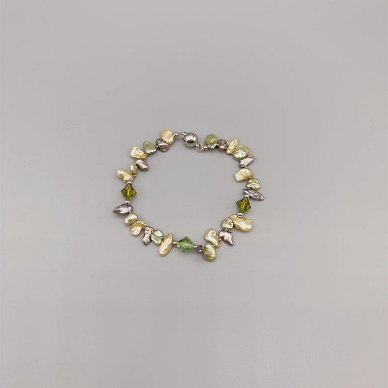 Gray Champagne Green Keshi Pearl Bracelet Austrian Crystals Daily Jewelry