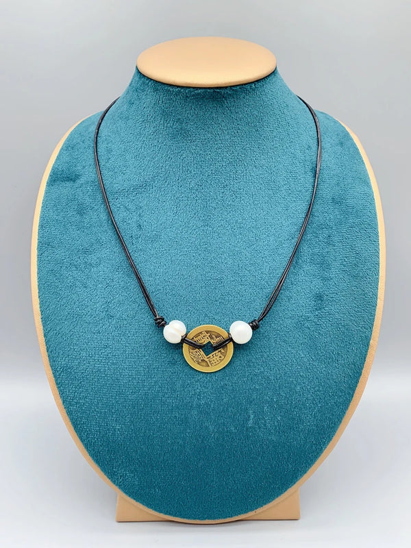 Chinese Coin Necklace Freshwater Pearls Leather Choker