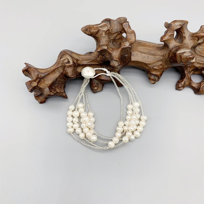 Freshwater Pearls Bracelet Japanese Glass Beads Button Clasp Casual Bracelet