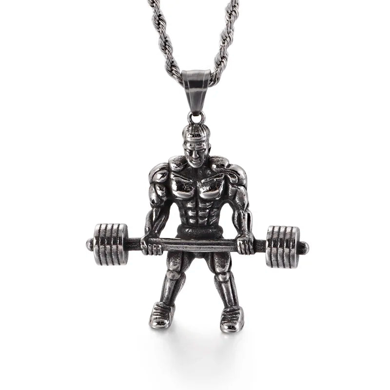 Bodybuilding Muscle Man Barbell Dumbbell Pendant Necklace Gym Fitness Jewelry