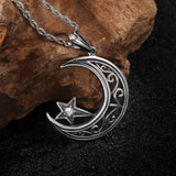 Islamic Crescent Moon Pendant Necklace Stainless Steel Zircon Vintage