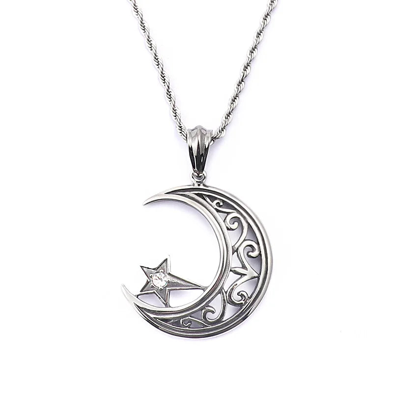 Islamic Crescent Moon Pendant Necklace Stainless Steel Zircon Vintage