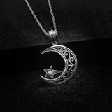 Islamic Crescent Moon Pendant Necklace Stainless Steel Zircon Vintage